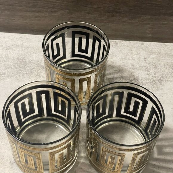 Vintage Culver 22K Gold Greek Key Barware Double Old Fashioned Glasses Set of 3 - Picture 2 of 7